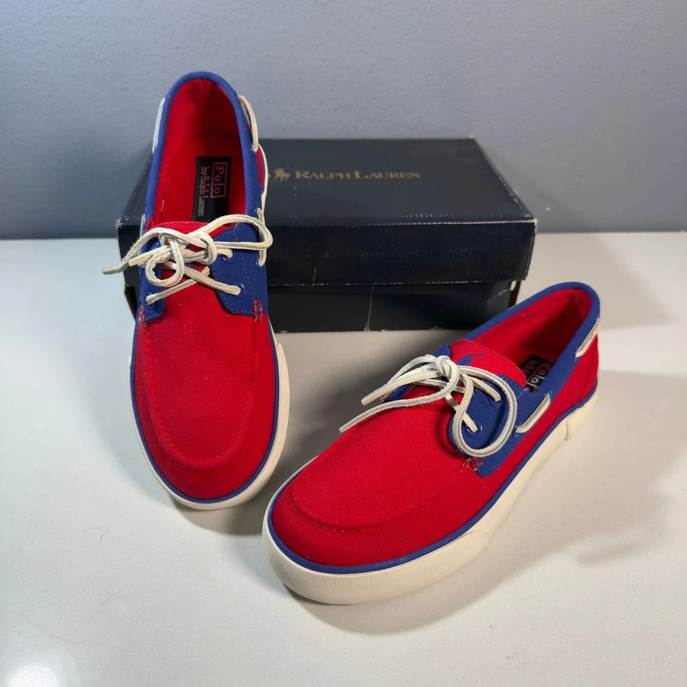 Polo Ralph Lauren Lander II Boat Shoe Mens 8.5 Red Blue New Canvas Sneaker